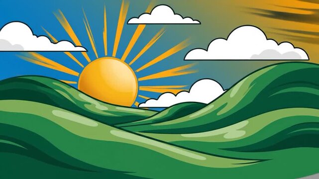 Stylized cartoon landscape with rolling green hills and a bright sun
