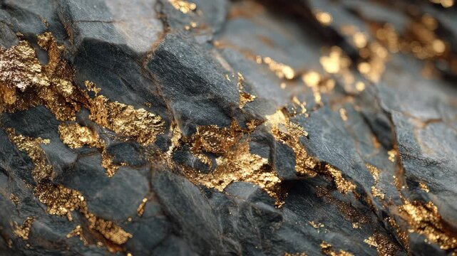 Close-Up of Textured Rock Surface Featuring Glimmering Gold Flecks Against Dark Rough Stone Background
