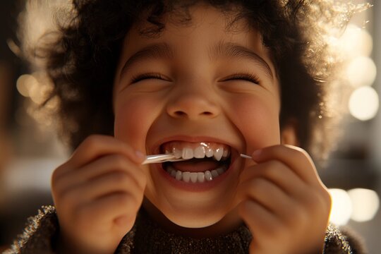 Happy child flossing teeth with parental guidance