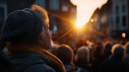 Obraz premium Vibrant crowd gathered during sunset, faceless people celebrating, defocused bright decorations and lights, festive ambiance reflection, joyful atmosphere, community event, with