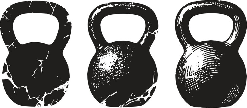 Vintage kettlebell silhouettes with distressed texture in three different styles and shapes
