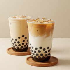 Two plastic cups of iced bubble milk tea with dark pearls on wooden coasters against a neutral background, showing cream and tea layers. Generative AI