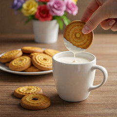 A hand dips a patterned cookie into a white mug filled with a creamy beverage on a wooden surface. Generative AI.