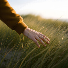 A close-up of a persons hand gently brushing through tall green grass in a field during a golden sunset. Generative AI