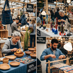 A senior woman and a young adult man craft sustainable goods like wooden bowls and textiles at an indoor market with recycled signage. Generative AI