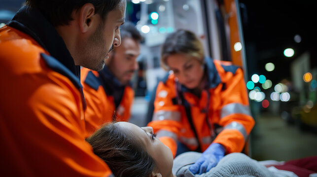 Faceless paramedics providing medical care inside ambulance, emergency medical services, mobile healthcare delivery, patient treatment in transit, rescue operations, paramedic
