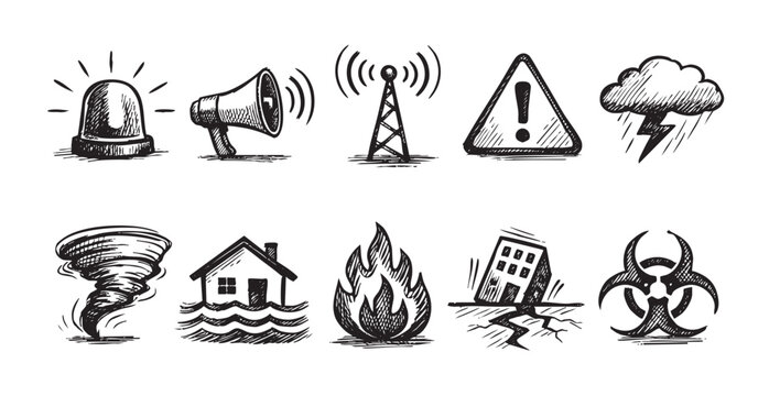 A set of hand-drawn icons representing various natural disasters, warnings, and emergency situations. Ideal for emergency services, disaster preparedness, and safety education materials.