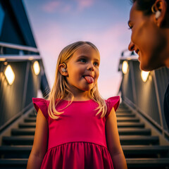 A young blonde girl in a pink dress wears a hearing aid and sticks her tongue out at an adult woman on an outdoor staircase. Generative AI.