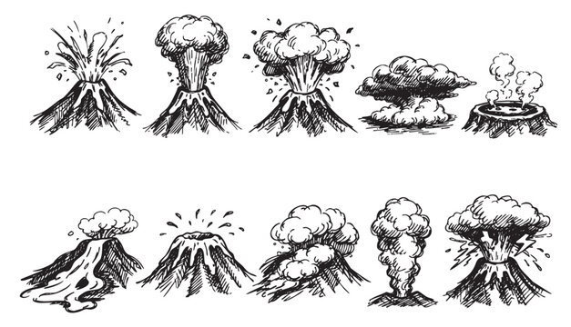 A collection of hand-drawn volcano illustrations depicting various stages of eruption. Perfect for educational materials, disaster preparedness guides, and geological resources.