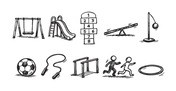Black and white sketch of various playground equipment including a swing, slide, hopscotch, seesaw, climbing structure, jump rope, and more. Ideal for children's content.