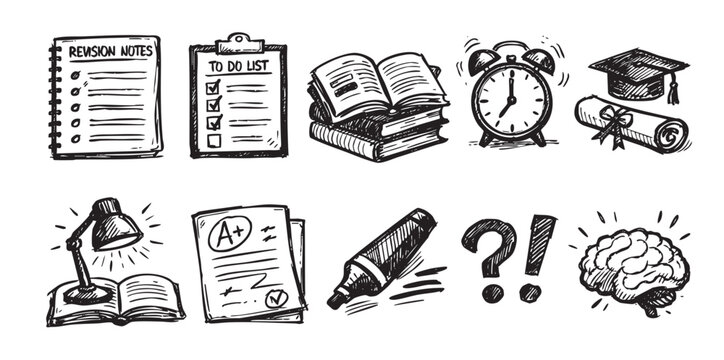 Hand-drawn doodle icons of education-related objects, including books, clock, brain, grad cap, and paper. Great for back-to-school promotions or educational content!