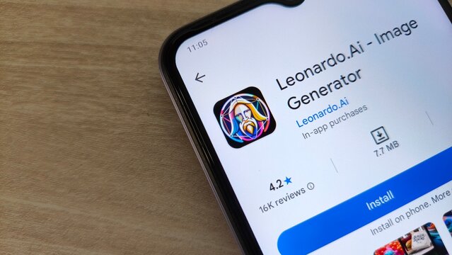 Smartphone screen showing Leonardo Ai Image Generator app store page