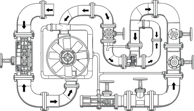 Industrial pipe system and valve network illustration with arrows indicating fluid flow, technical mechanical engineering diagram in black line art.