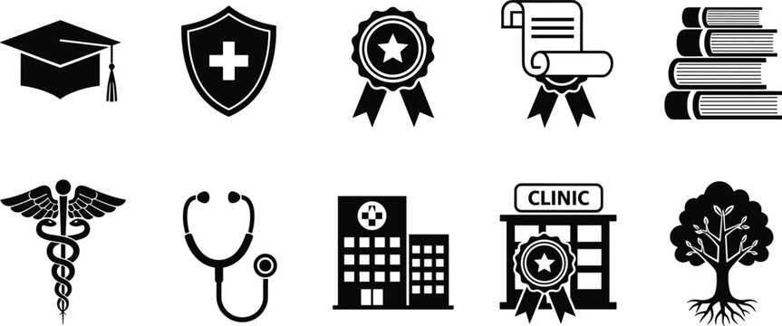Medical and healthcare icon set featuring hospital building, clinic, stethoscope, caduceus symbol, medical shield, and professional healthcare award vector illustrations.
