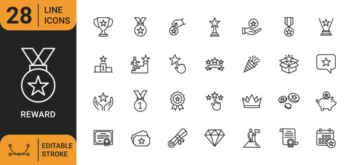 Reward & Success Line Icon Set. Collection of achievement and recognition icons. Including trophy, medal, winner podium, certificate and more. Editable stroke