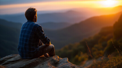 Faceless breathtaking man sitting on rock, defocused gazing at beautiful sunset over mountains, wanderlust and tranquility feelings in nature evoking, with copy space