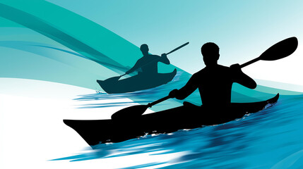 Fototapeta premium Two faceless kayakers paddling through water, representing outdoor adventure and active lifestyle, water sports recreation, fitness activity, nature exploration, with copy space