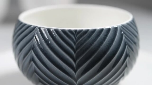 A plain white ceramic cup transforms with an elegant leaf pattern. The textured design gradually darkens to a sophisticated charcoal grey.