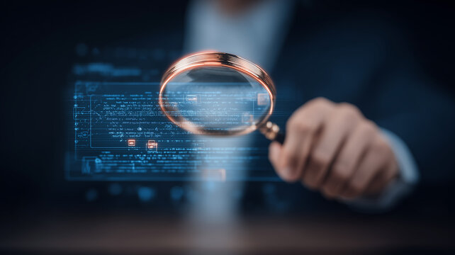 Magnifying glass inspecting source code on screen representing cybersecurity audit and threat detection.
