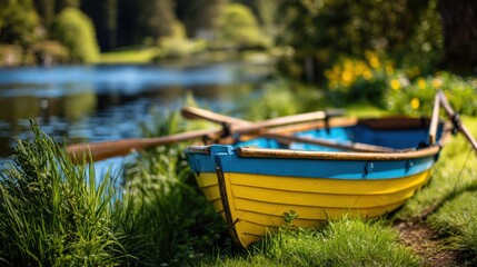 Obraz premium Brightly Painted Wooden Rowboat Resting by the Lake Shore