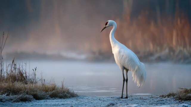 White crane tall bird with red crown standing gracefully on frosty grass by misty riverbank at sunrise, surrounded by peaceful nature, wetland habitat, and soft morning light, elegant wildlife scene