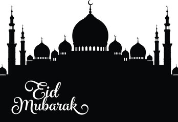 A striking silhouette of a mosque complex with elegant minarets and domes alongside a decorative eid mubarak calligraphy design high quality © GolamKibria