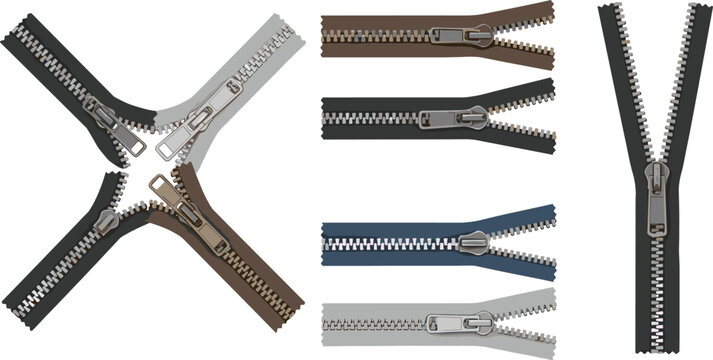 Creative vector set featuring four way intersecting metal zippers and various colored fabric fasteners for modern fashion design
