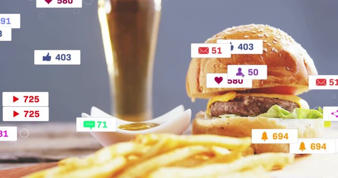 Burger and beer, on ping badges popping, multiplying, filling, condensing and fading to reveal meal
