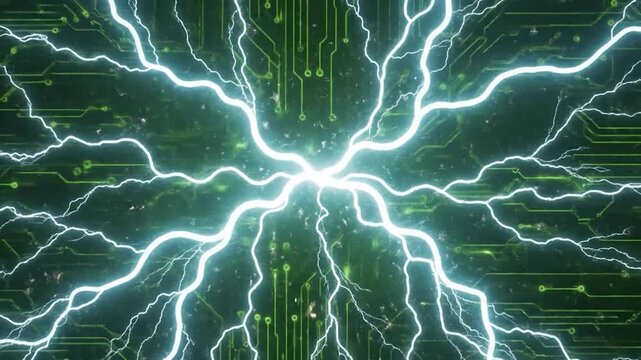 Powerful electrical lightning bolts illuminate a green circuit board background
