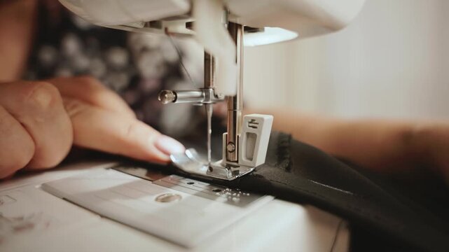 Close-up hands senior woman tailor sewing clothes using sewing machine process creating dress cloth. seamstress's fabric stitching. female fashion designer work. elderly lady hobby home workshop space