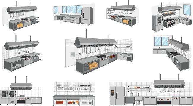 Professional commercial kitchen vector set with industrial stainless steel equipment stoves vent hoods and restaurant food preparation areas