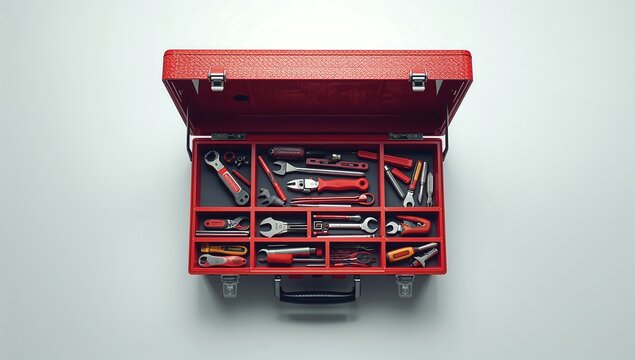 Red toolbox with organized hand tools

