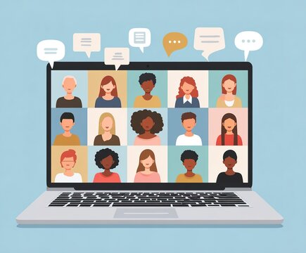 Group of people participating in video call on laptop screen with chat boxes during online meeting in bright background