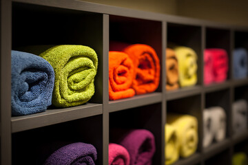 Colorful collection of folded towels neatly arranged on a shelf