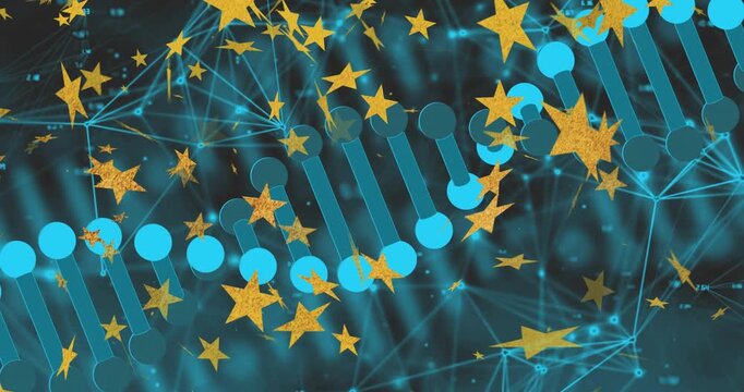 Star clustering revealing turquoise helix moving diagonally, rotating, creating parallax data view