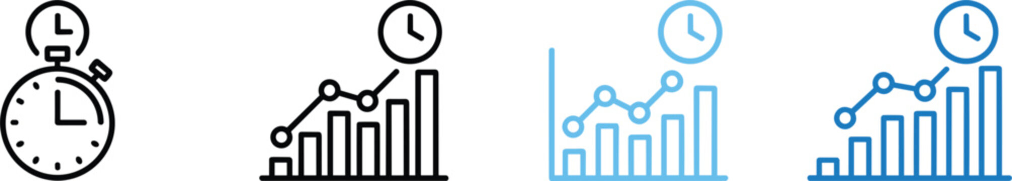 Time management and analytics icon set with stopwatch clock and growth chart symbols