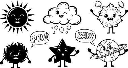 Retro weather characters. Cartoon nature mascots, cute earth, funny sun, cloud, smiling star and planet with emotion. Poster with comic elements. Vector set