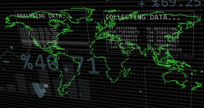 Small pie wedge appearing over Europe starting world map expanding overlays, forming data dashboard