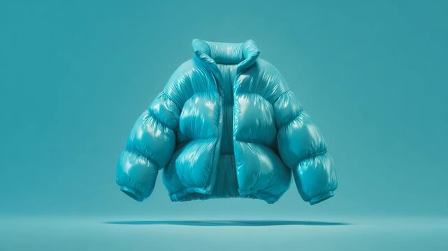Blue puffer jacket winter outerwear insulated shiny material floating modern fashion cozy unisex minimal background essential for cold weather, stylish blue insulated puffer jacket shiny winter