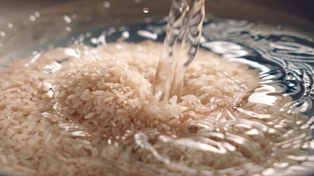 Close-up of water pouring onto rice in a bowl, creating a swirling vortex.