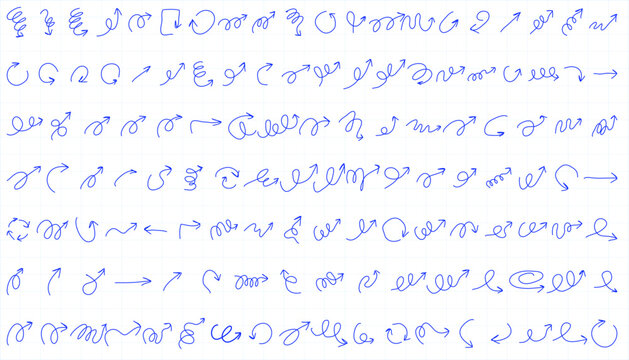 Illustration of collection of handwritten blue arrows and symbols drawn on lined paper, resembling shorthand or practice strokes