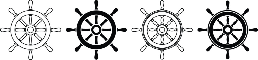 Obraz premium Four distinct ship steering wheels with intricate designs and patterns