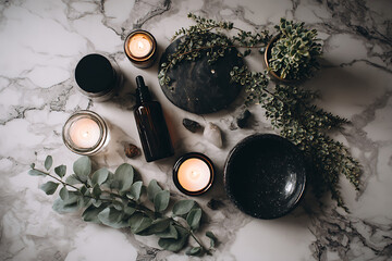 Elegant autumnal still life with candles and pinecones on a dark surface.