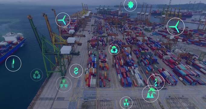 Green circular icons appearing over port yard drifting, growing and mapping sustainability metrics