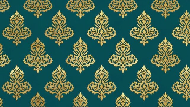 Gold ornate damask pattern on teal background