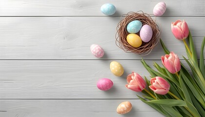 Fototapeta premium A beautifully arranged Easter scene with colorful eggs and tulips on a rustic wooden background