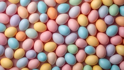 Fototapeta premium A colorful assortment of pastel Easter eggs in various shades and sizes fills the frame.