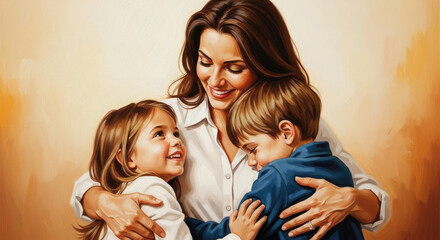 Oil Painting Illustration of a Loving Mother Hugging her Children.