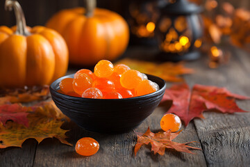 Colorful autumn pumpkin seeds and dried fruit arranged in a rustic bowl with autumn leaves.