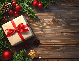 Festive arrangement with a wrapped present tied with a red ribbon, surrounded by holiday decorations on wood